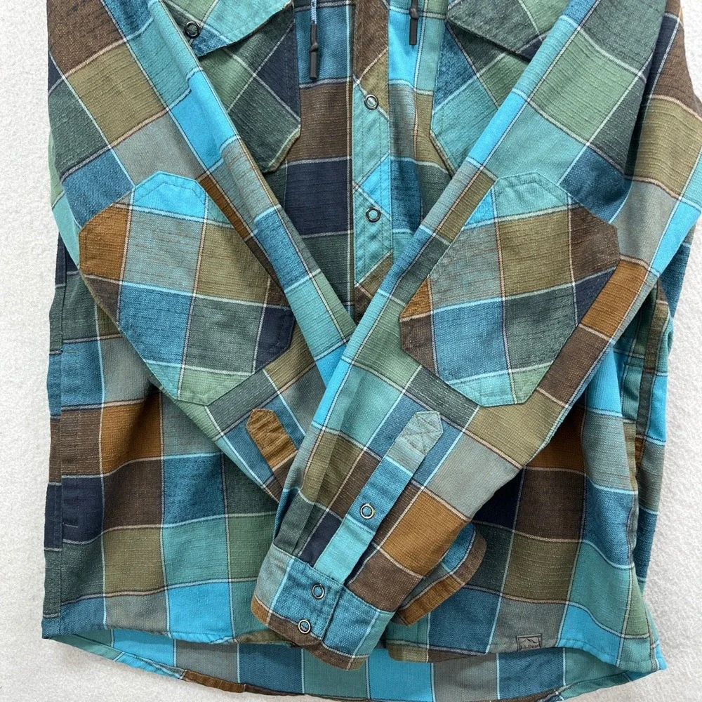 LL Bean Hooded Flannel Shirt Jacket Mens M Blue Green Plaid Snap Outdoor Shacket